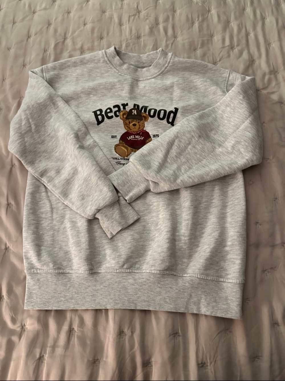 Zara Light Gray Sweatshirt with Bear Graphic and Maroon Accent